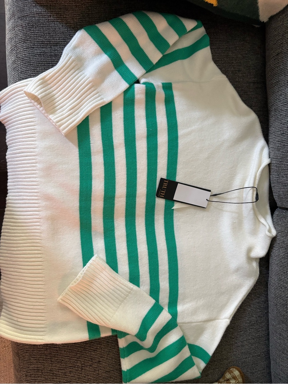 Truth White Sweater with Green Stripes